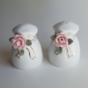 Vintage White Porcelain Salt and Pepper Shakers with Pink Rose and Gold Trim